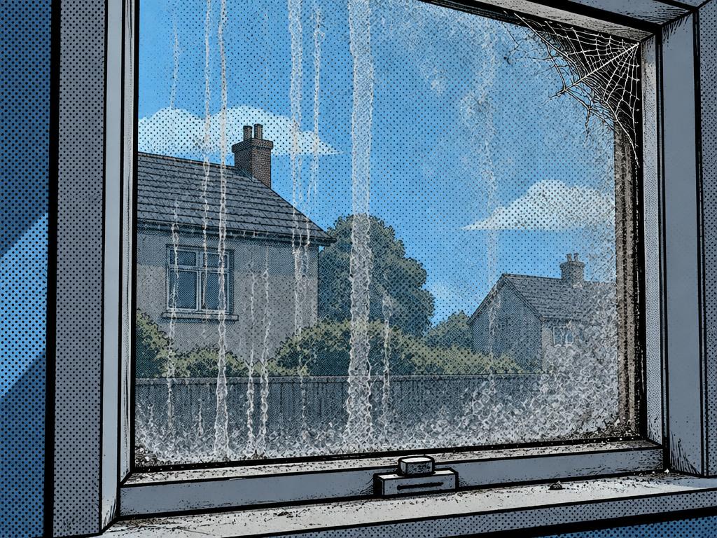 A grimy, streaked window before cleaning